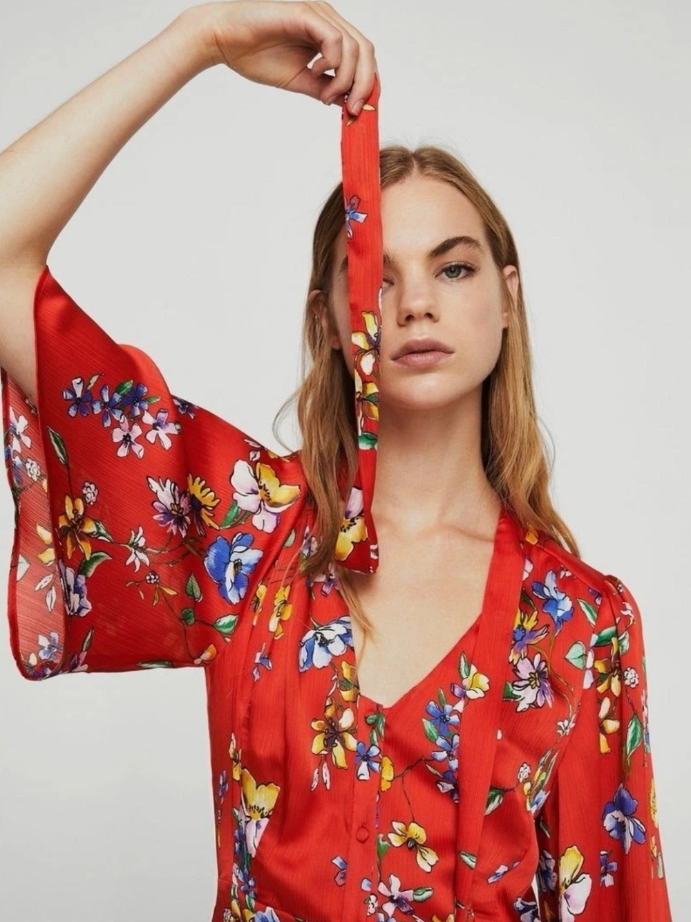 MANGO Red Floral Midi Dress